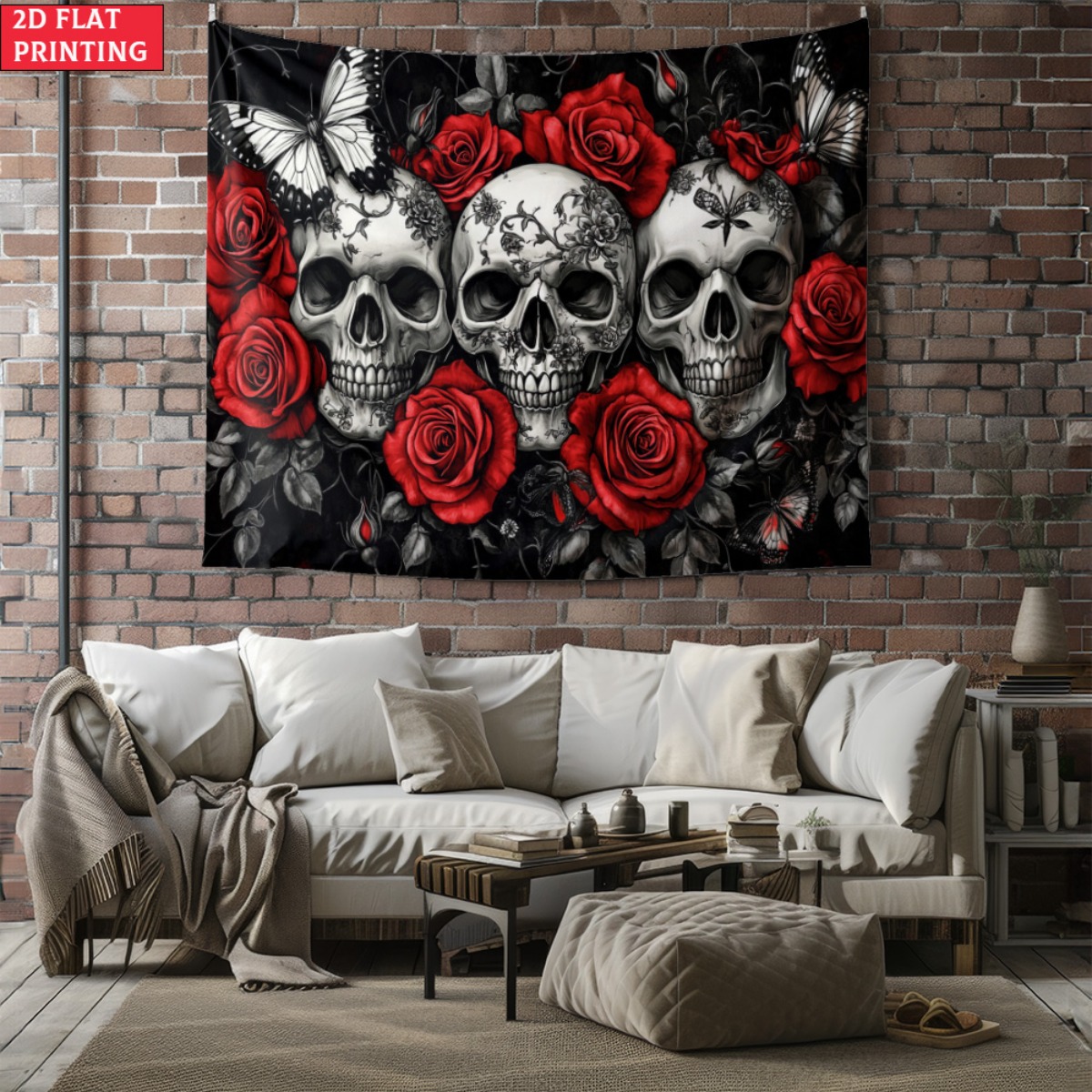 Interior Design Home Decor - Çerçevesiz Kafatası ve Güller Gotik Goblen
